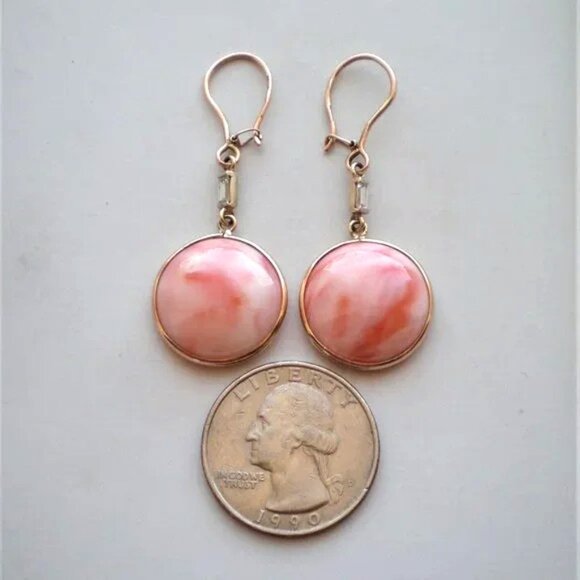 Vintage Soviet USSR 14K 583 Rose Pink Gold Diamond 17MM Coral Dangle EARRINGS - Picture 1 of 7